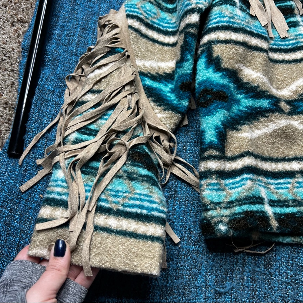 Rock N Roll Southwestern Fringe Boho Open Front Jacket Aztec Print in Blue Tan - Picture 3 of 7